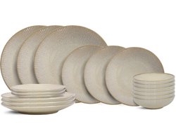 Cookinglife Serviesset Coastal Lines Ocean Beige 18-delig – 6 Personen – Bevat 6 Dinerborden, 6 Ontbijtborden & 6 Kommen – Beige Aardewerk met Rustige Kustlijnstructuur – Vaatwasser- en Magnetronbestendig – Sereen en Stapelbaar