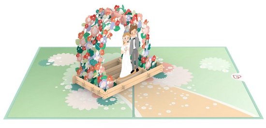 Carte pop-up de mariage avec un couple marié sous une arche de fleurs, sur une plateforme verte avec des fleurs.