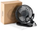 Zwarte YONO USB-tafelventilator naast de verpakking en handleiding.