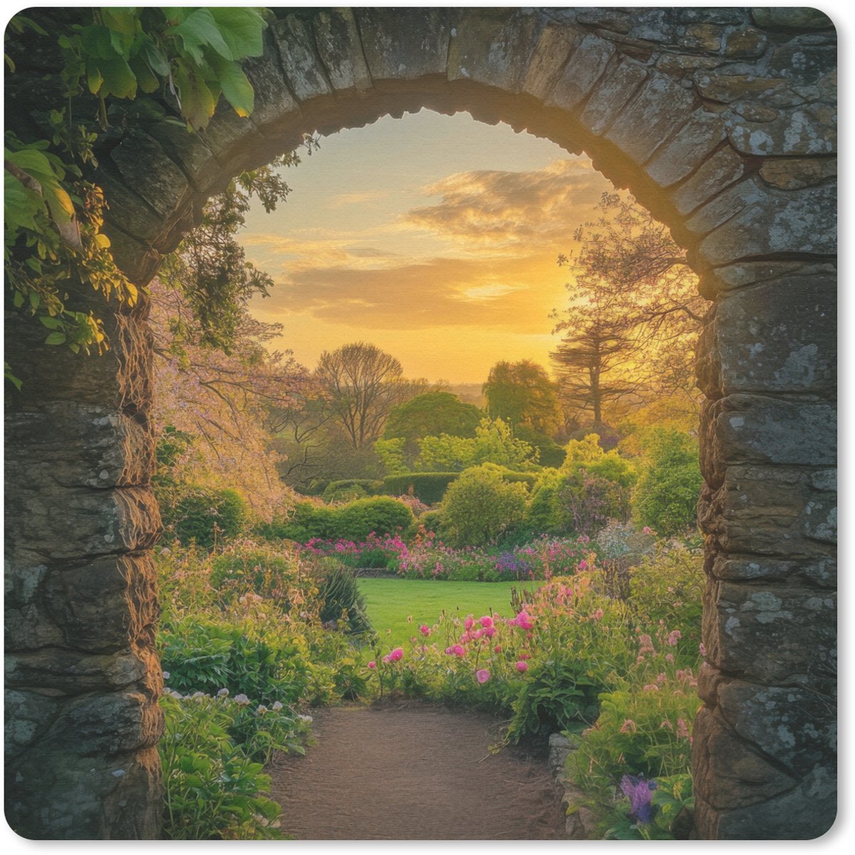 Muismat 30x30 cm - Mousepad Poort - Planten - Zonsondergang - Muismatten