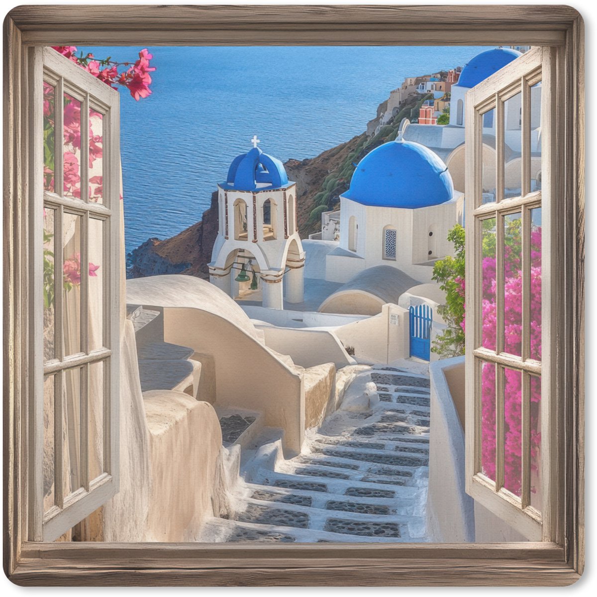 Muismat 20x20 cm - Mousepad Doorkijk - Santorini - Landschap - Blauw - Grieks - Muismatten