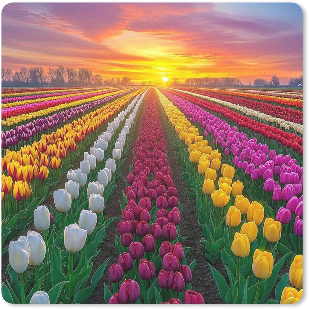 Muismat 20x20 cm - Mousepad Tulpenveld - Zonsondergang - Kleurrijk - Muismatten