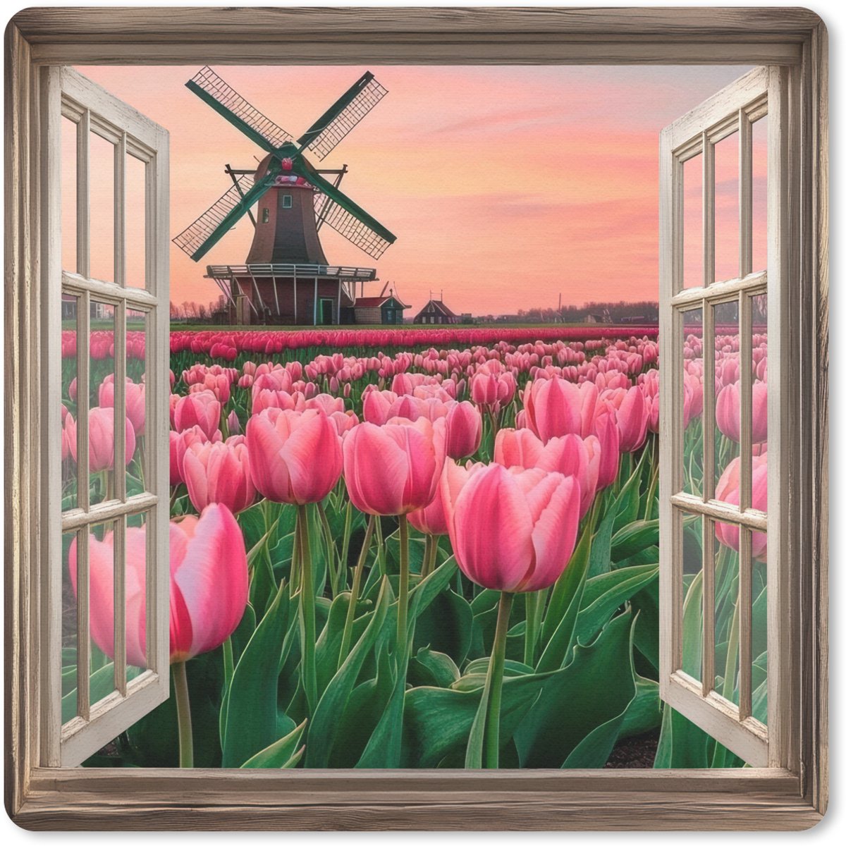 Muismat 20x20 cm - Mousepad Doorkijk - Tulpen - Bloemen - Molen - Raam - Muismatten