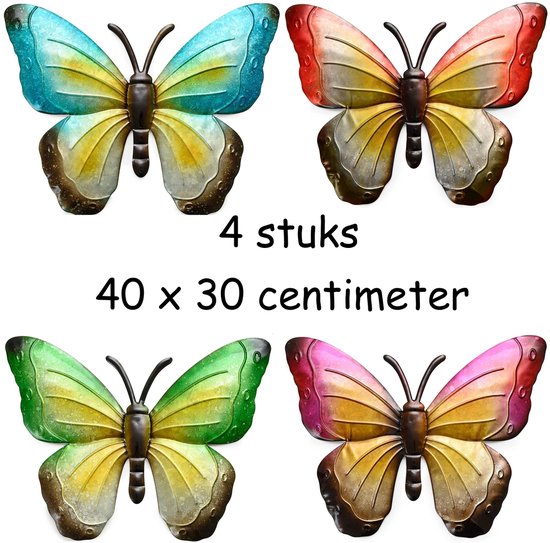 Set de 4 papillons muraux Décoration - Taille XL - Métal - Pour intérieur et extérieur - 40 x 30 cm