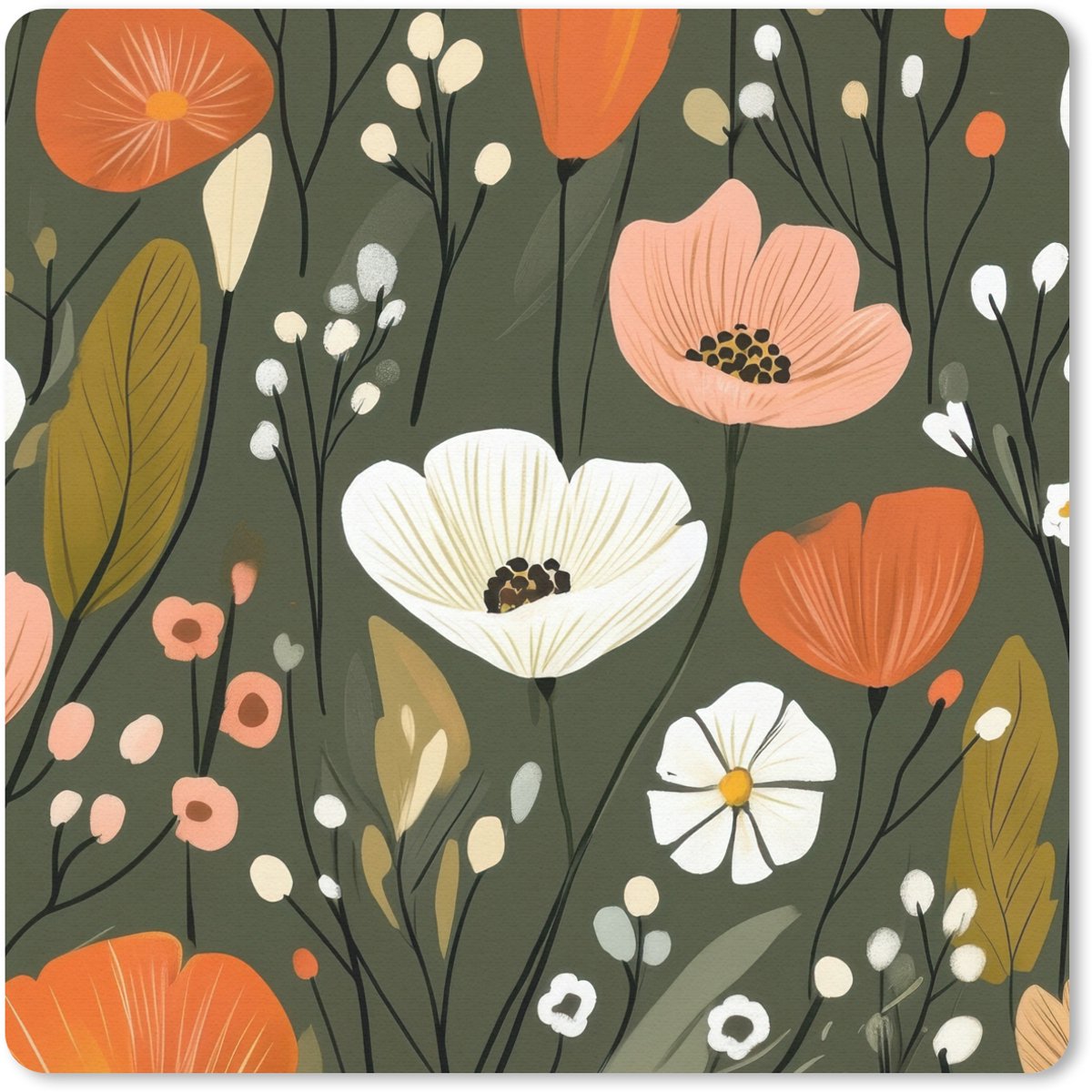 Muismat 30x30 cm - Mousepad Bloemen - Illustratie - Groen - Muismatten