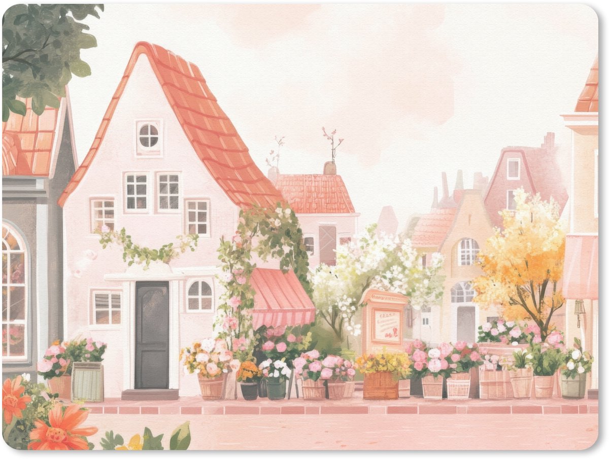 Muismat 23x19 cm - Mousepad Bloemen - Huizen - Dorp - Muismatten