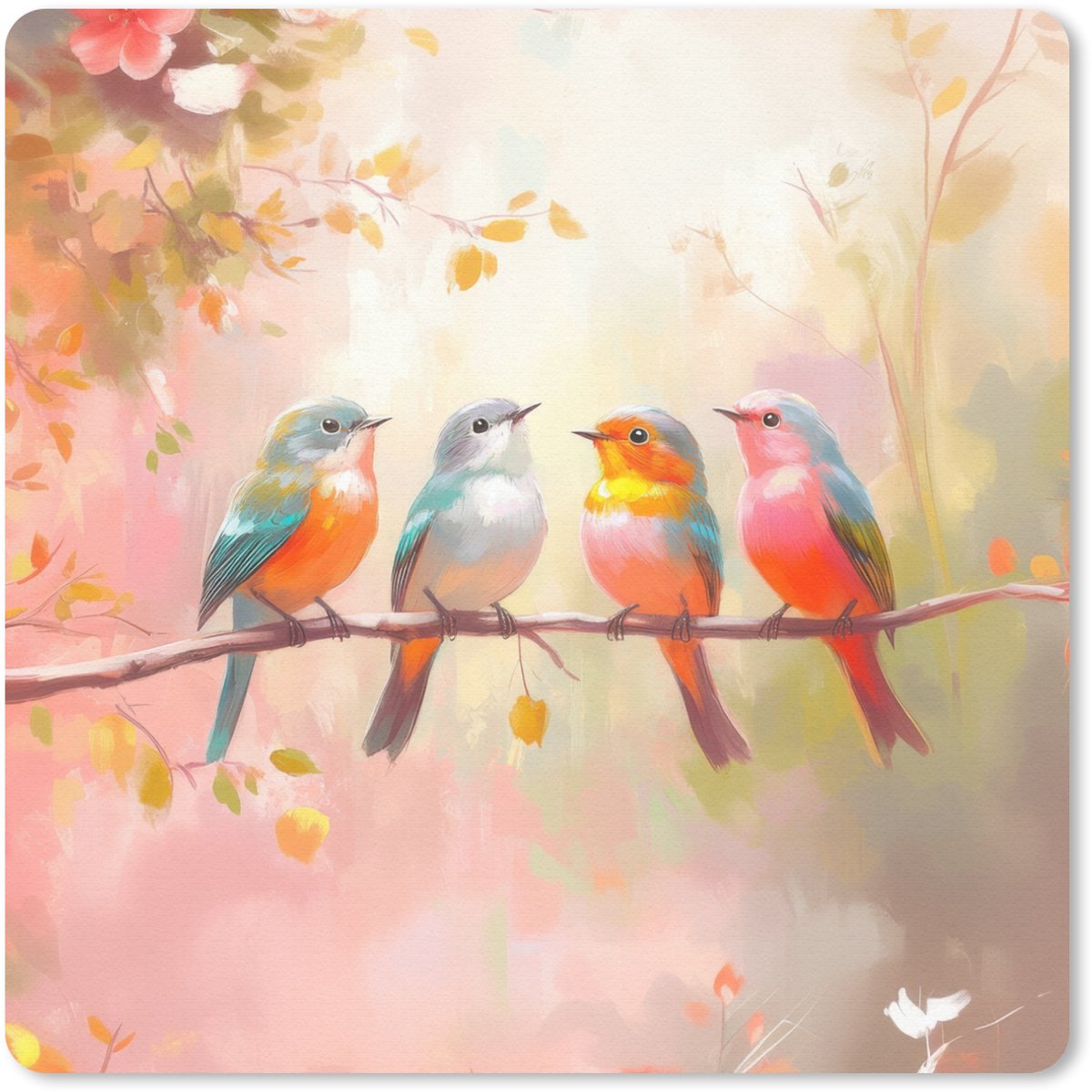 Muismat 20x20 cm - Mousepad Vogels - Kleurrijk - Tak - Muismatten