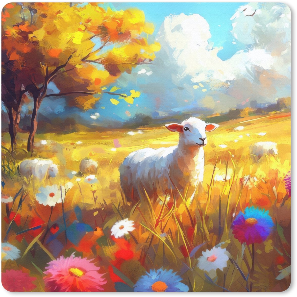 Muismat 30x30 cm - Mousepad Schaap - Weide - Bloemen - Muismatten