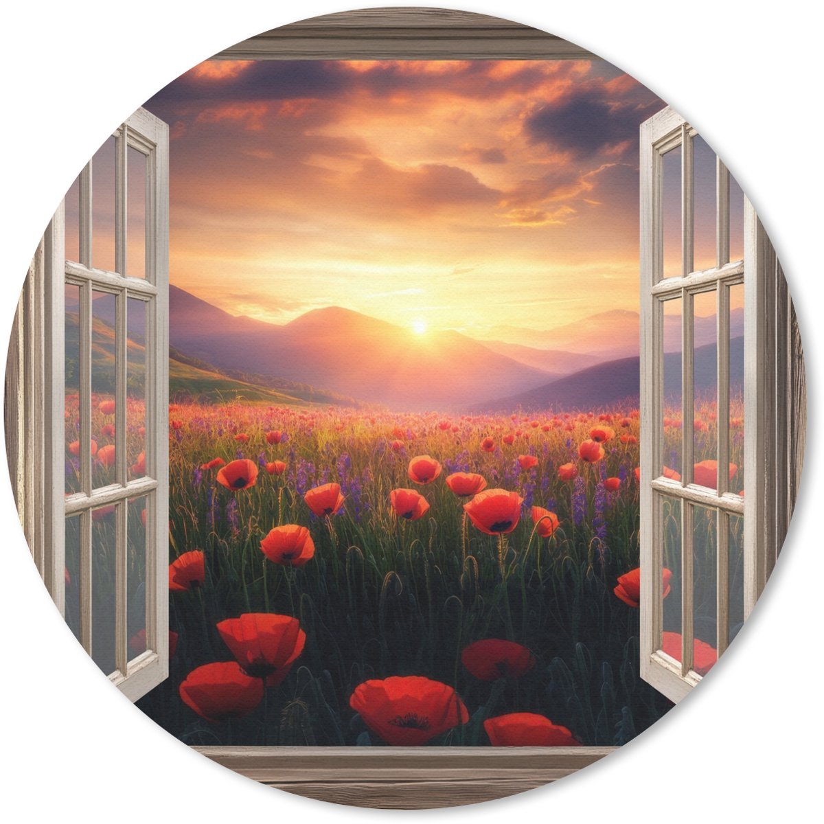 Muismat rond 30x30 cm - Mousepad Doorkijk - Klaprozen - Bloemen - Rood - Open raam - Ronde muismatten