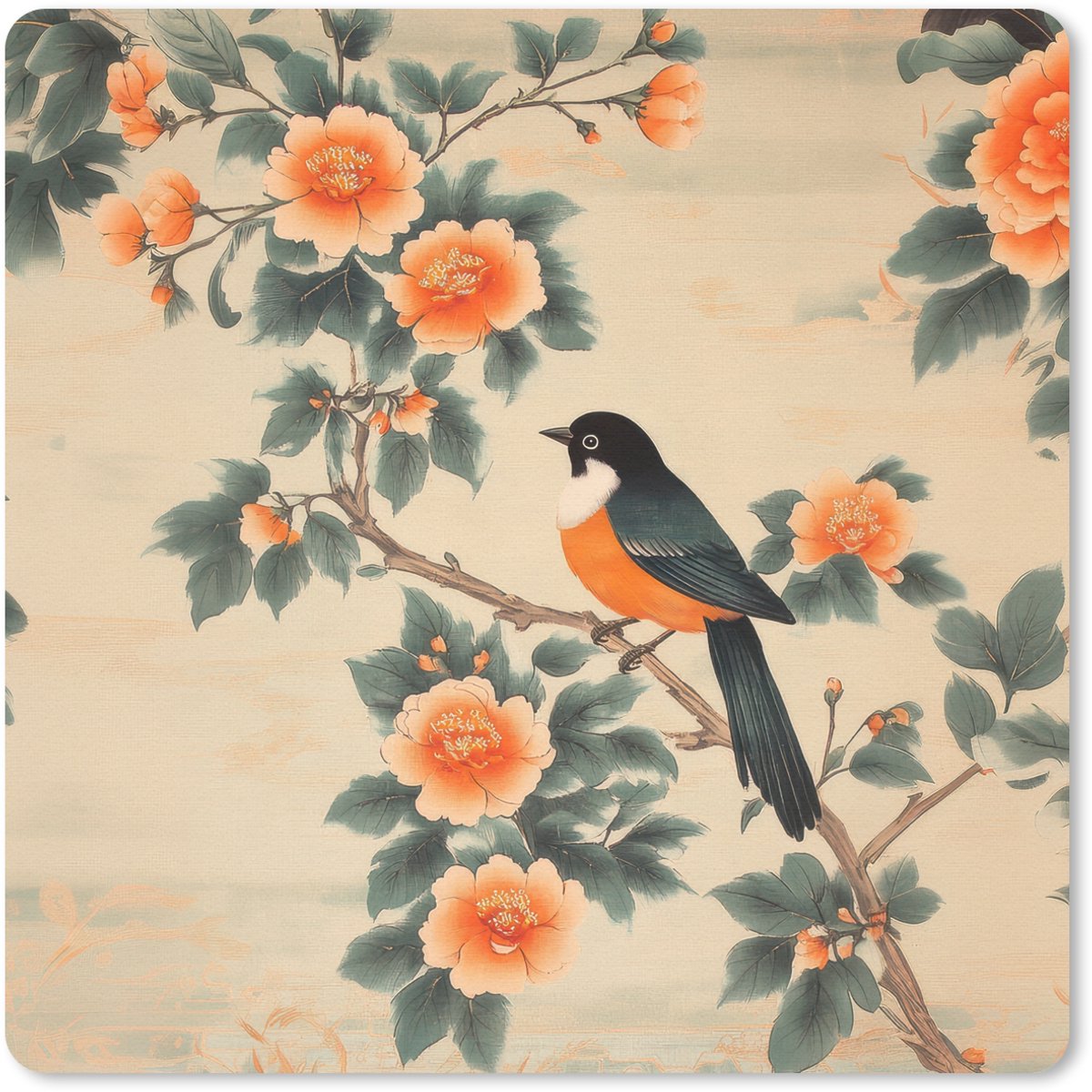 Muismat 30x30 cm - Mousepad Vogel - Tak - Bloemen - Oranje - Muismatten