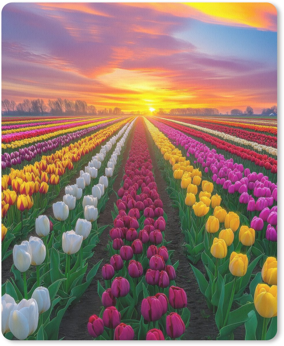 Muismat 19x23 cm - Mousepad Tulpenveld - Zonsondergang - Kleurrijk - Muismatten