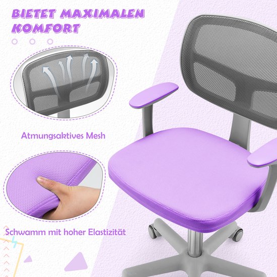 COSTWAY 360° Draaibare Kinderbureaustoel 80-91,5 cm – In Hoogte Verstelbare Jeugdcomputerstoel met Rugleuning, Armleuningen en 5 Vergrendelbare Wielen – Voor Kinderen 3 tot 10 Jaar
