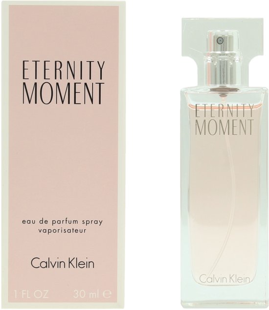 Calvin Klein Eternity Moment Eau de Parfum vaporisateur 30 ml dans une boîte rose pâle avec flacon.