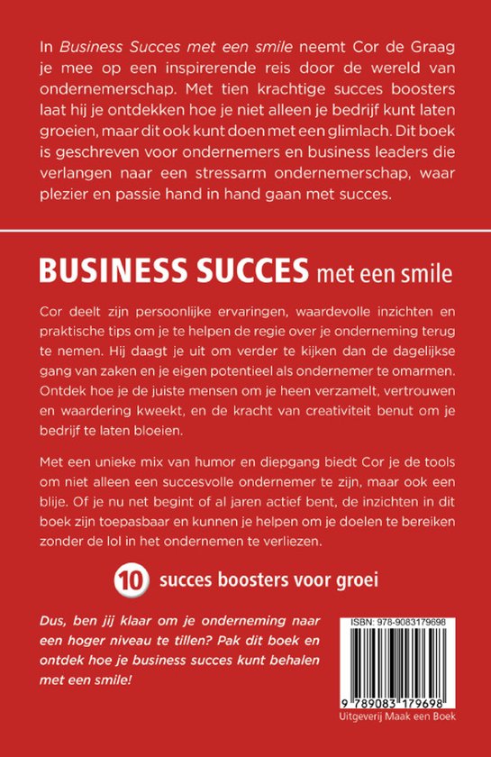 Achterkant van het boek "Business Succes met een smile". Rode achtergrond met witte tekst. ISBN: 978-9083179698.