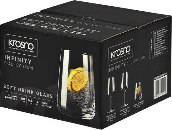 Kartonnen verpakking van Krosno Infinity Collection, met afbeeldingen van glazen, waaronder een gevuld met sinaasappel en bubbels.