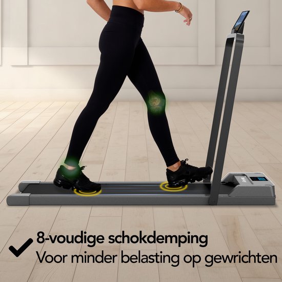 Gedetailleerde weergave van de schokdemping van de grijze loopband, met gele cirkels rond de voeten en groene gloed op de knieën.