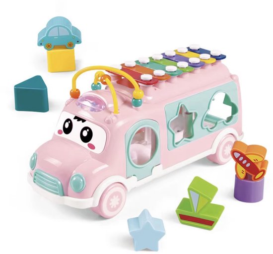 Roze bus met xylofoon, vormenstoof en losse vormen.