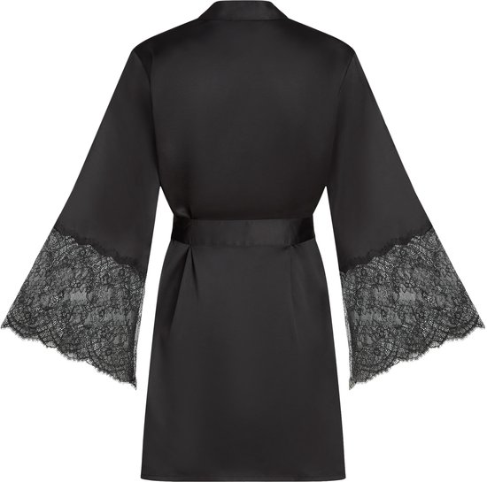 Zwarte satijnen kimono met kanten mouwen