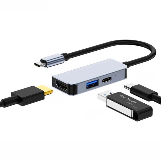 Adaptateur DynaBright USB-C vers HDMI - 3 en 1 - HDMI 4K à 60 Hz - Hub USB 3.0 (10 Gbit/s) - PD87W - Chargement USB-C