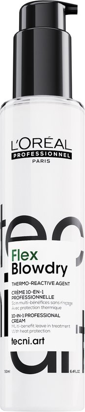 Witte fles L'Oréal Professionnel Tecni.ART Flex Blowdry met pompje. Zwarte letters 'Tecni.art'.