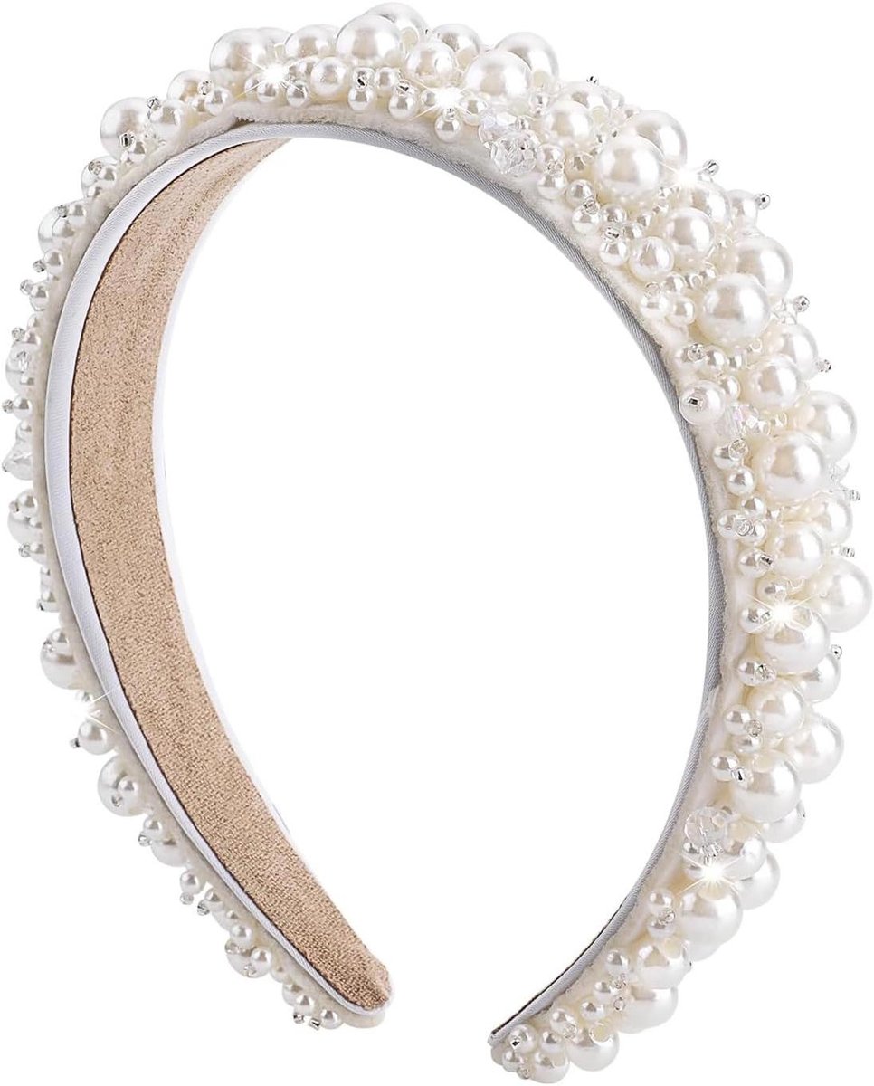 Elegante fluwelen hoofdband met imitatieparels en kristallen - Witte bruids haaraccessoire voor vrouwen - Bruids haarband met diamanten