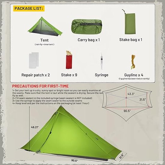 Mier Lanshan 1 Ultralichte Tent - 1 Persoons - Ultralicht - Grijs - 0,98KG - 3-Seizoenen - Inclusief Draagzak - 228x75 Vloermaat Binnen - Camperen - Hengelsport - Vissen - Trektocht - Wandelen - Sport - Waterproof - Makkelijk Mee Te Nemen van Merkloos — afbeelding 5