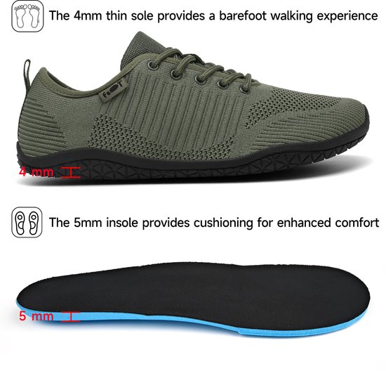 Chaussures pour femmes Barefoot Geweo - Baskets pour femmes de Chaussures de sport - Chaussures de fitness - Chaussures de course - Tissu respirant - Semelle plate - Vert - 46