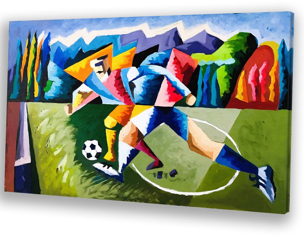 Kubistisch abstract voetbalschilderij - Voetbal schilderij - Muurdecoratie canvas voetballers - Kubisme - Binnenhuisdecoratie - Slaapkamer muurdecoratie - canvas 60x40 cm
