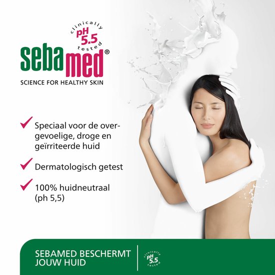 Vrouw wordt omhelsd door witte substantie, met Sebamed logo en tekst.
