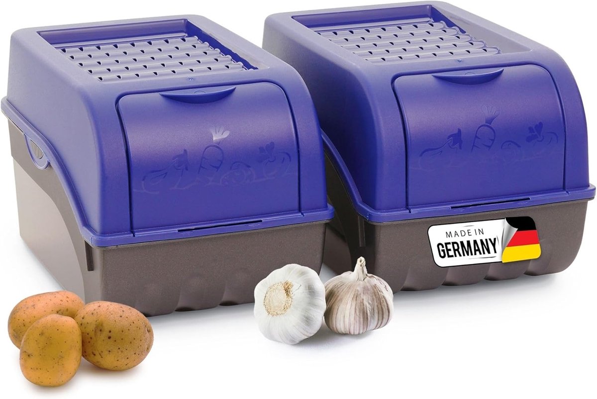 Aardappelbewaardoos | 2x middel 5L | Marineblauw | Aardappeldoos | Stapelbare groentekist, uienkist, aardappelmand, fruitkist, aardappelkist, uienopslag, voedselcontainer, wortelen