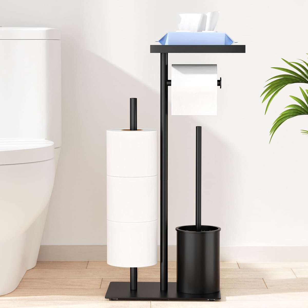 Ibenzoa® Stijlvolle Vrijstaande Toiletpapierhouder met WC-Borstel en Opbergplank voor Badkamer
