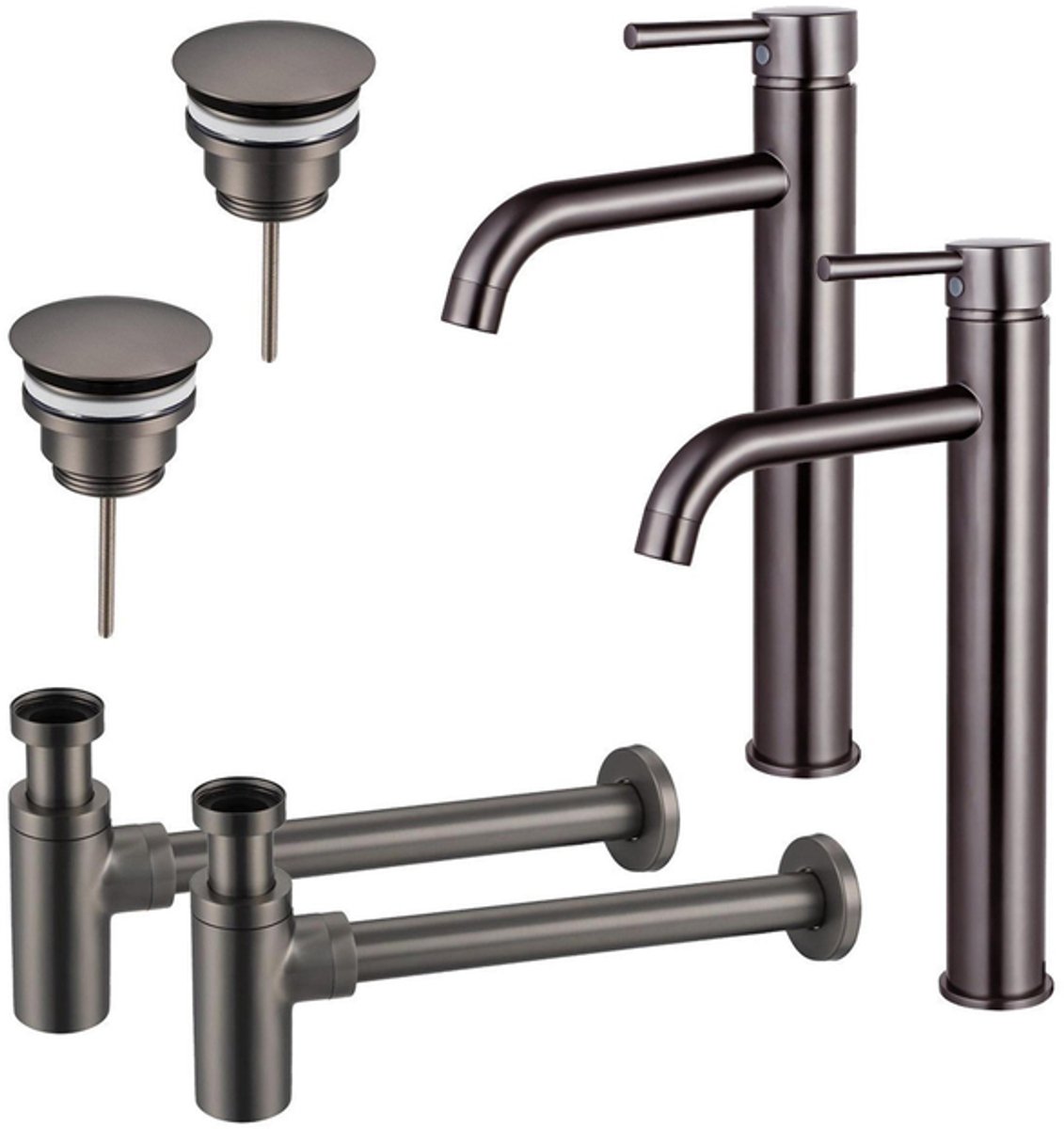 FugaFlow Eccelente Sobrado Badkamer Wastafelkraanset - voor dubbele wastafel - verhoogde wastafelkraan - always open plug - design sifon - PVD Gepolijst Gunmetal