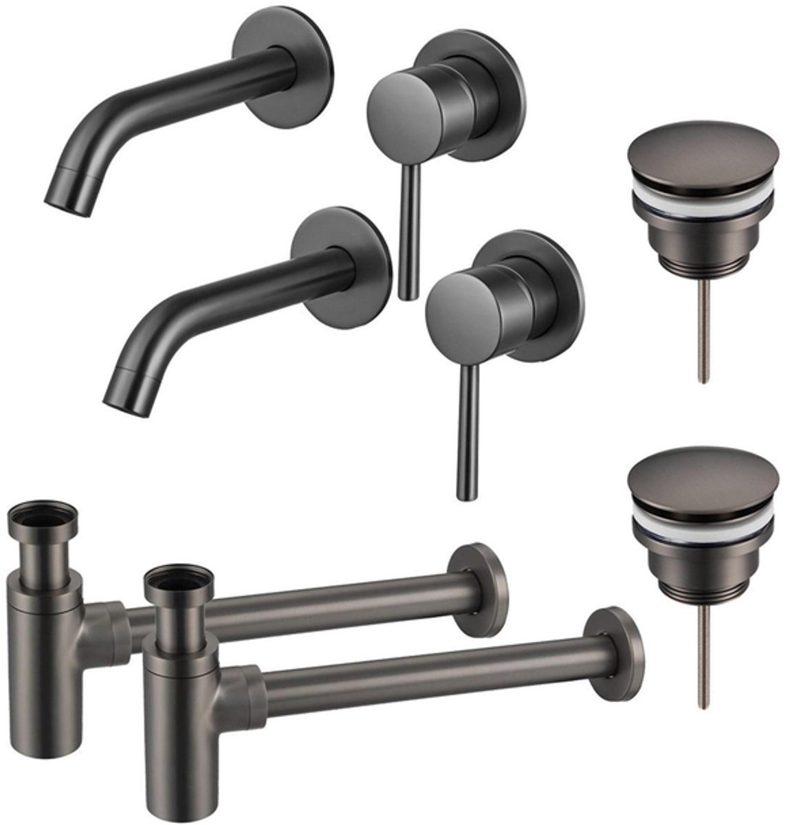 FugaFlow Eccelente Sobrado Badkamer Wastafelkraanset - voor dubbele wastafel - inbouw wastafelkraan - klikwaste plug - design sifon - PVD Gepolijst Gunmetal