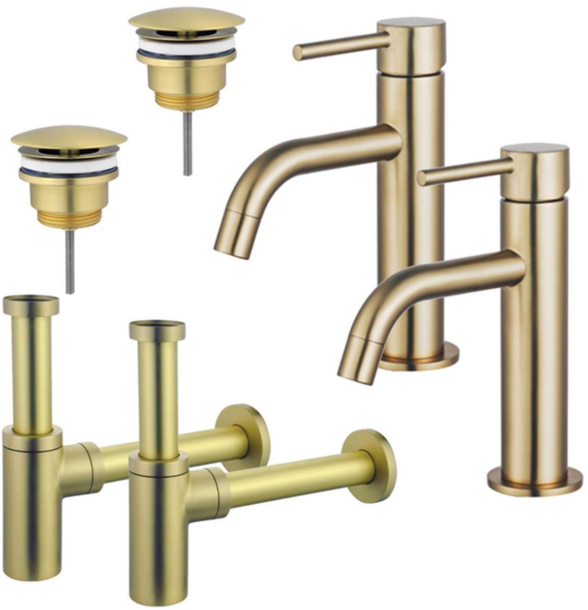 FugaFlow Eccelente Sobrado Badkamer Slim Wastafelkraanset - voor dubbele wastafel - lage wastafelkraan - always open plug - design sifon - PVD Geborsteld Messing