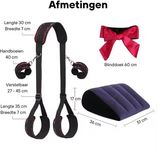 Set de bondage Sultry Prikkels® – Set BDSM de Luxe avec Menottes, oreiller sexuel, bandeau et harnais réglable – Pour attacher, jouer des rôles et plus Suspense – Kit de démarrage BDSM – Jouets sexuels pour couples et débutants