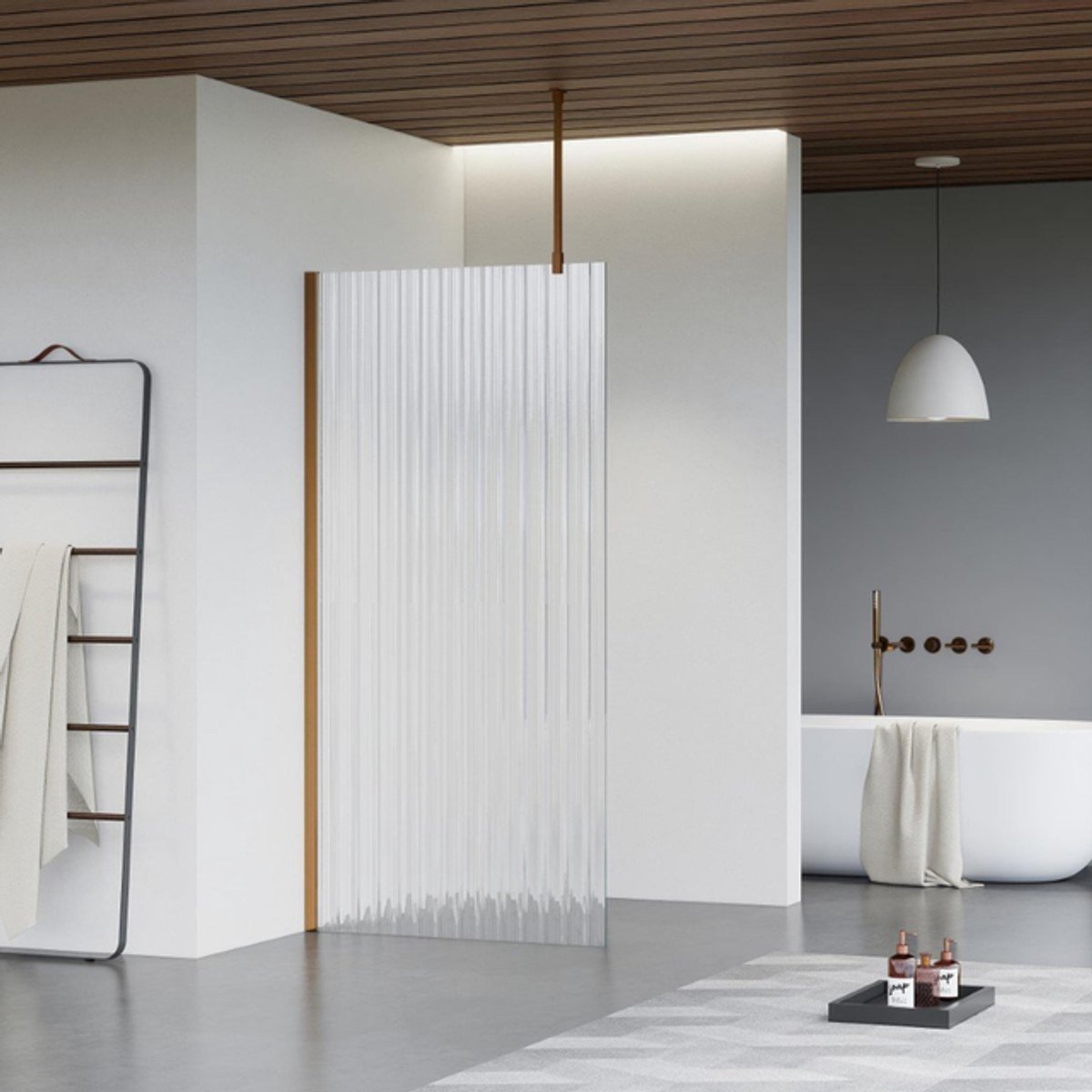 FugaFlow Eccelente Vetro inloopdouche badkamer - 180x200cm - ribbelglas - plafondarm - geborsteld koper