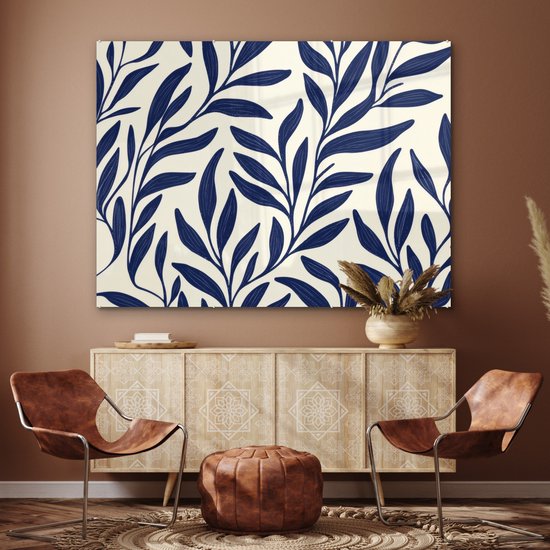 MuchoWow® Glasschilderij 160x120 cm - Schilderij acrylglas - Bladeren - Klimop - Donkerblauw - Foto op glas - Muurdecoratie woonkamer - Wanddecoratie slaapkamer - Schilderijen