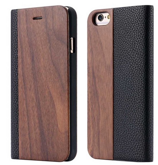 Houten flip case, iPhone 16Pro Walnoot