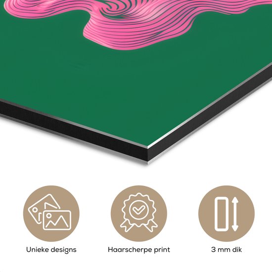 Aluminium schilderij 90x90 cm - Wanddecoratie metaal - Abstract - Pink - Lijnen - Groen - Metalen muurdecoratie woonkamer - Decoratie industrieel - Foto op dibond - Industriële accessoires slaapkamer