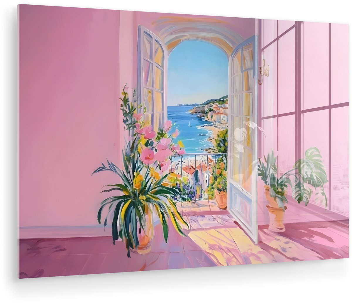 MuchoWow® Glasschilderij 90x60 cm - Schilderij acrylglas - Roze - Buiten - Verf - Foto op 
