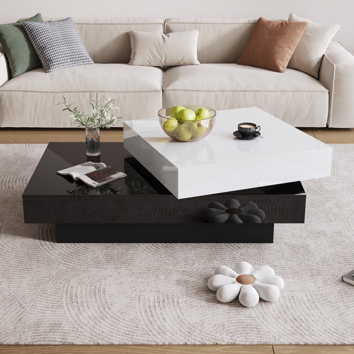 Sweiko Salontafel - Draaibaar - Hoogglans - Spaanplaat - Zwart + Wit