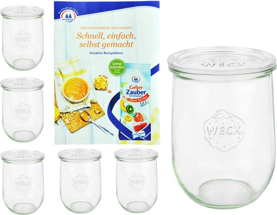 Set van 6 Weck potten 1062ml tulpenpotten, 1 liter tuimelaars met 6 glazen deksels incl. geleermagie receptenboekje van Diamantzucker