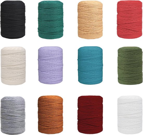 Jubor 2 mm x 30 m natuurlijk macramétouw, 20 stuks macramégaren, katoenen koord voor macramé, macramétouw, doe-het-zelf, handwerk voor doe-het-zelf handwerk, boho-decoraties, hangende planten