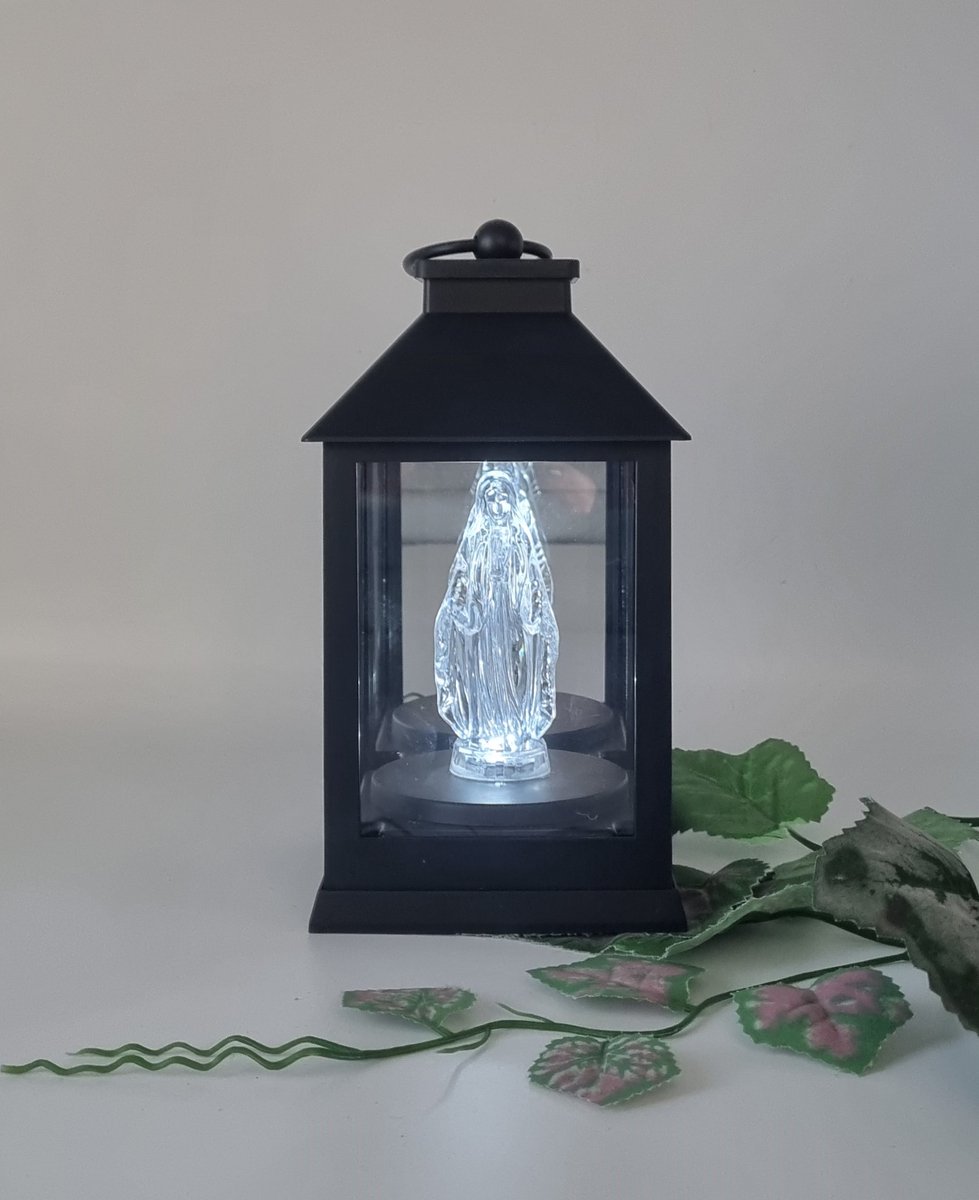 Lantaren - LED - Maria - Zwart - (Koud) Wit licht - Windlicht - Graflicht - Graflantaarn - Grafdecoratie - Herdenkingslicht