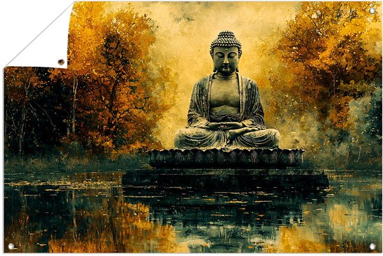 Boeddha in gouden herfstomgeving - Boeddha tuinprint - Poster van buiten standbeeld - Impressionisme - Muurdecoratie tuin - Tuinschilderijen voor buiten - tuinposter 105x70 cm