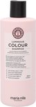 Lichtroze fles met zwarte dop, met het "Luminous Colour Shampoo" logo en productdetails.