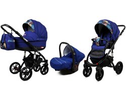 BabyLux® Kinderwagen 3in1 – LUMIO - SAILOR BLUE BLACK FRAME - Opklapbare Wandelwagen incl. Reiswieg, Multifunctionele Buggy Sportstoel, Autostoel - Combi-kinderwagen met Luiertas, Regenhoes, Klamboe, Bekerhouder, etc.