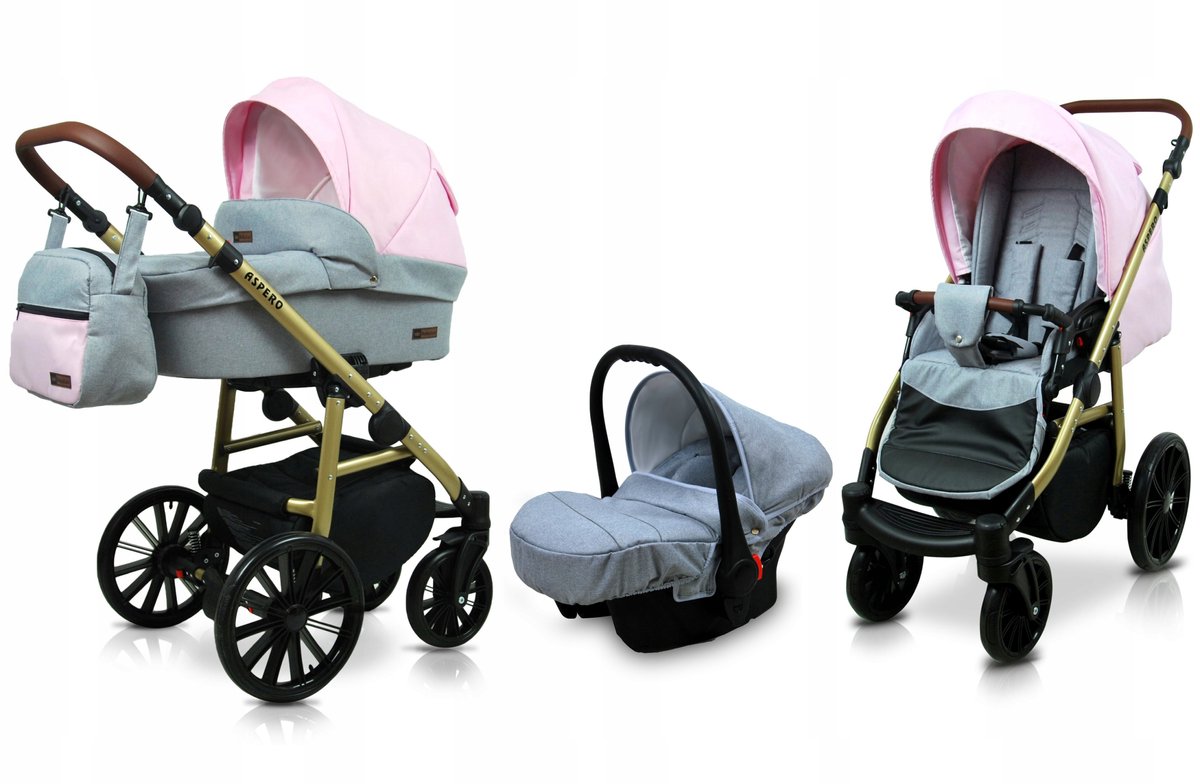BabyLux® Kinderwagen 3in1 – ASPERO - LIGHT PINK - Opklapbare Wandelwagen incl. Reiswieg, Multifunctionele Buggy Sportstoel, Autostoel - Combi-kinderwagen met Luiertas, Regenhoes, Klamboe, Bekerhouder, etc.