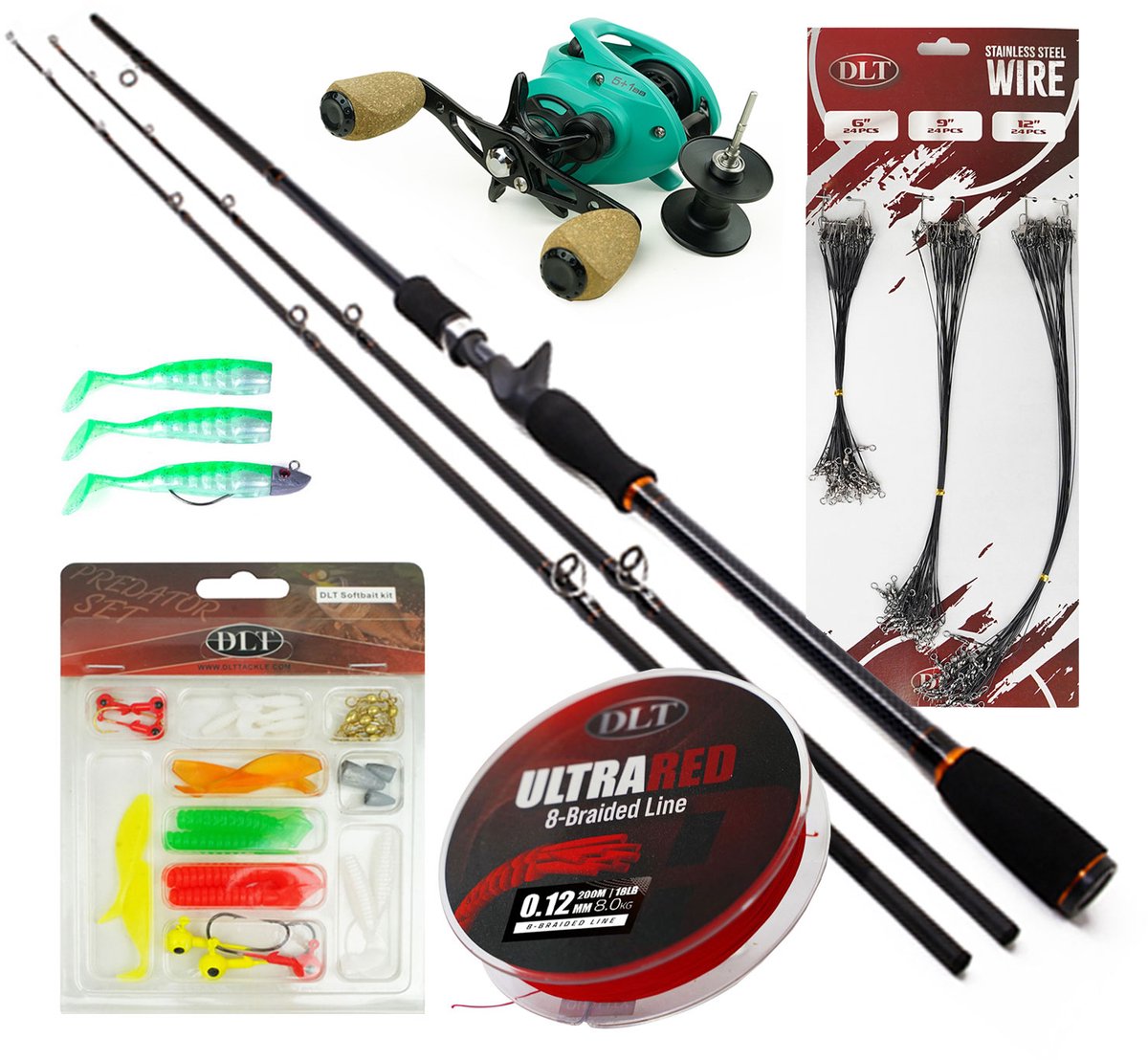 X2 Terminator Baitcaster Set - Baitcaster hengel & reel - Gevlochten Lijn - Staaldraadjes - Softbaits