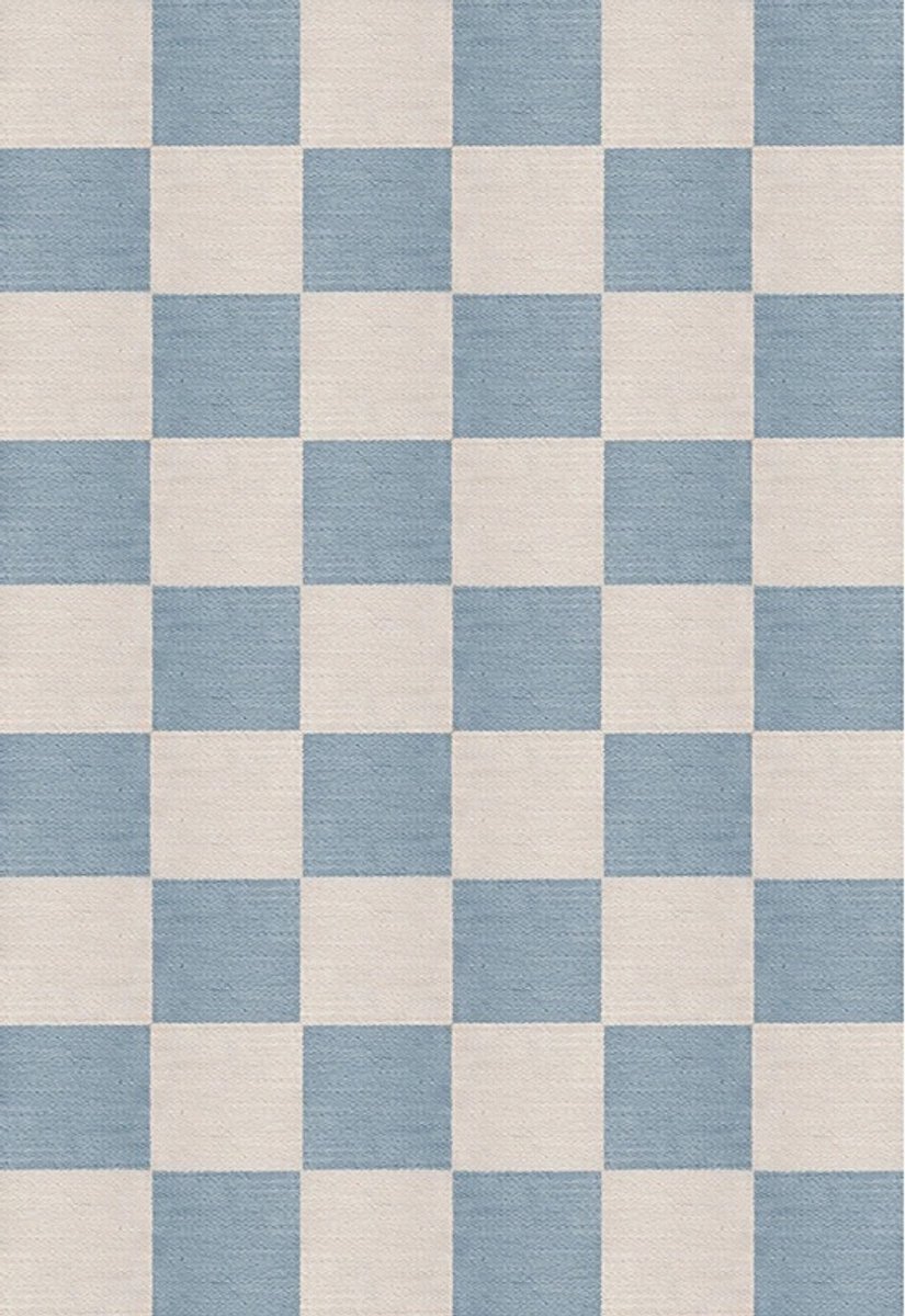 Layered Chess Flatweave Cornflower Blue Vloerkleed - 180 x 270 cm - Blauw,Ivoor - Rechthoekig - Wol - Eetkamer, Woonkamer, Slaapkamer - Geometrisch - Retro, Modern